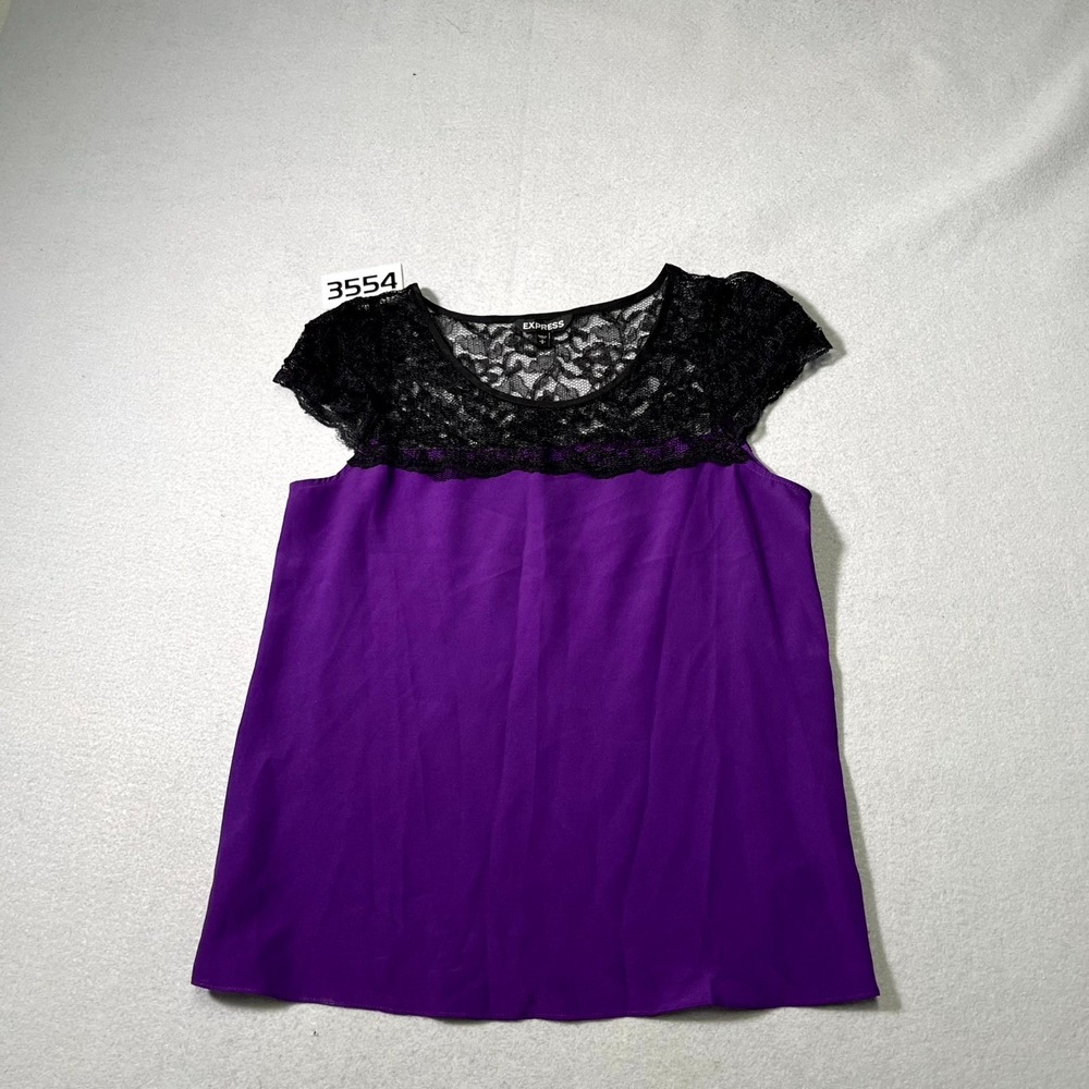 Express Blouse Top Womens Small Purple Black Lace Detail Round Neck Casual